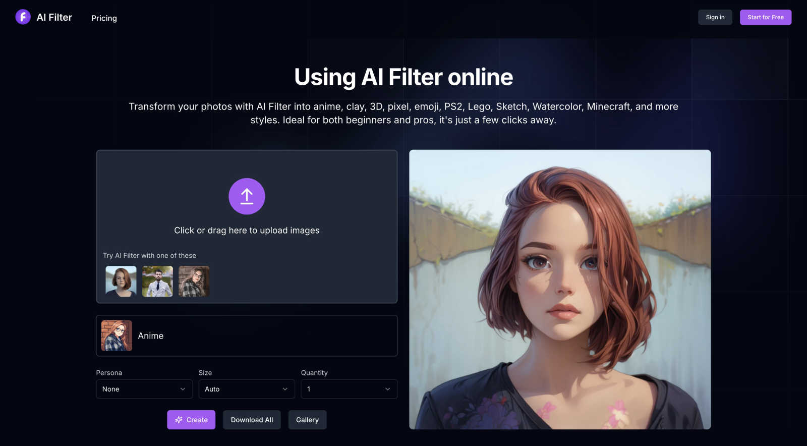 AI Filter application interface and features