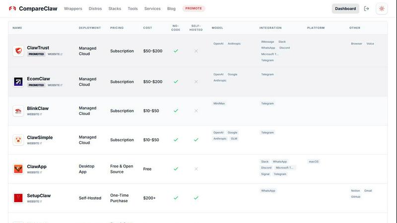CompareClaw application interface and features