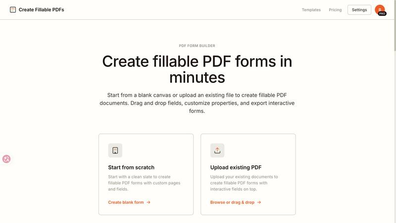 Create Fillable PDF Forms Online application interface and features