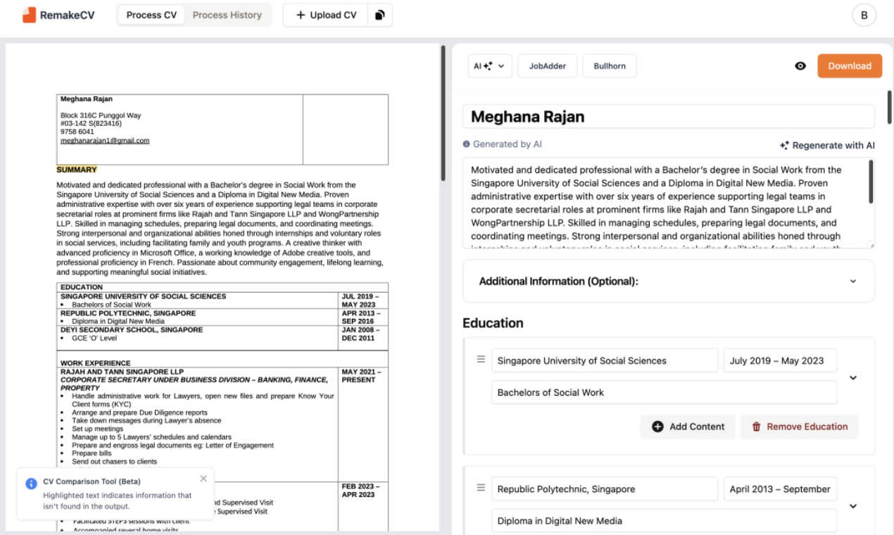 RemakeCV application interface and features