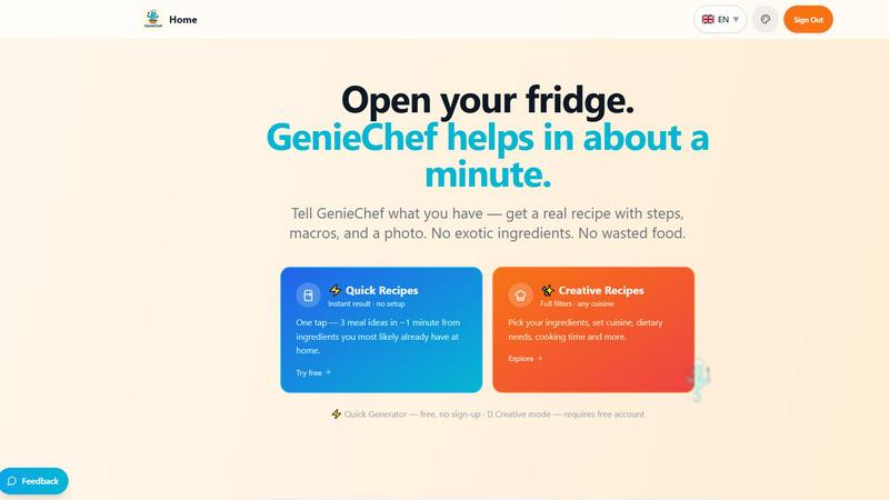 GenieChef application interface and features