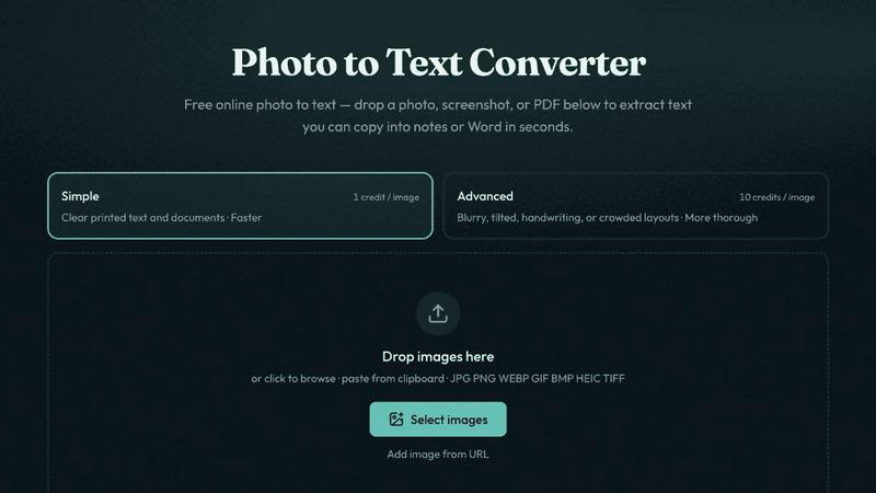 Photo to Text Converter application interface and features