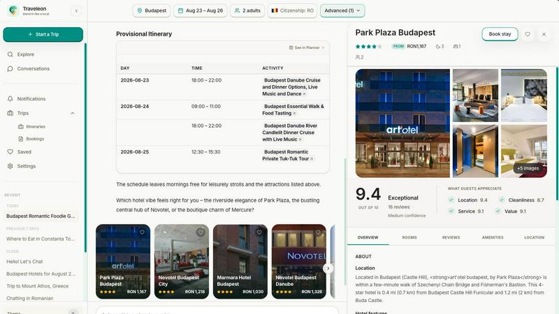 Traveleon application interface and features